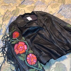 Free People Embroidered Black Leather Moto Jacket with Fringe - Floral Detail